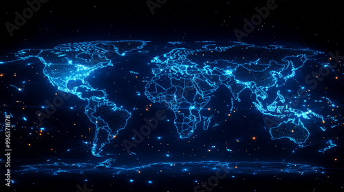 A glowing blue digital map of the world with a network of connections