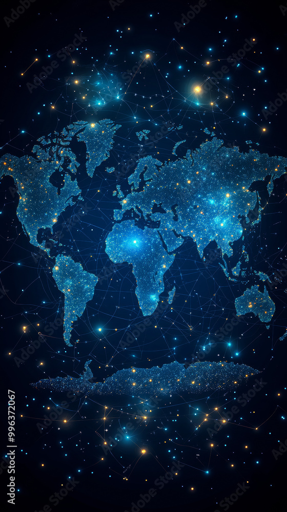 A stylized world map with glowing lines and dots connecting continents. A stylized world map with glowing lines and dots connecting continents.