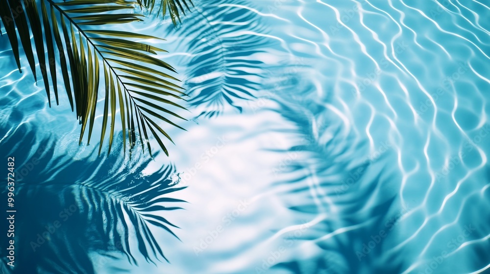 A close-up of water ripples in a pool with palm leaves' shadows creating intricate patterns on the blue surface A close-up of water ripples in a pool with palm leaves' shadows creating intricate patterns on the blue surface