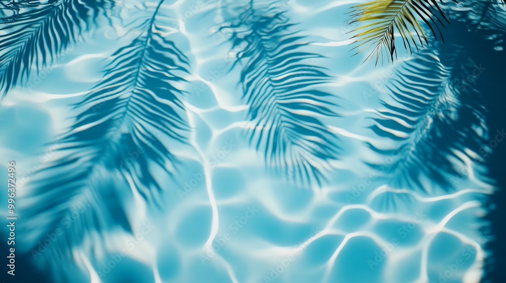 A close-up of water ripples in a pool with palm leaves' shadows creating intricate patterns on the blue surface A close-up of water ripples in a pool with palm leaves' shadows creating intricate patterns on the blue surface