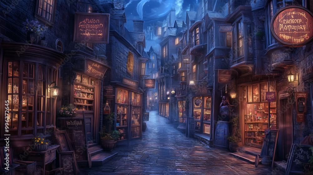 Fototapeta premium Tajemnicza uliczka czarodziejów, tętni życiem w blasku latarni, które rzucają ciepłe światło na brukowane chodniki.