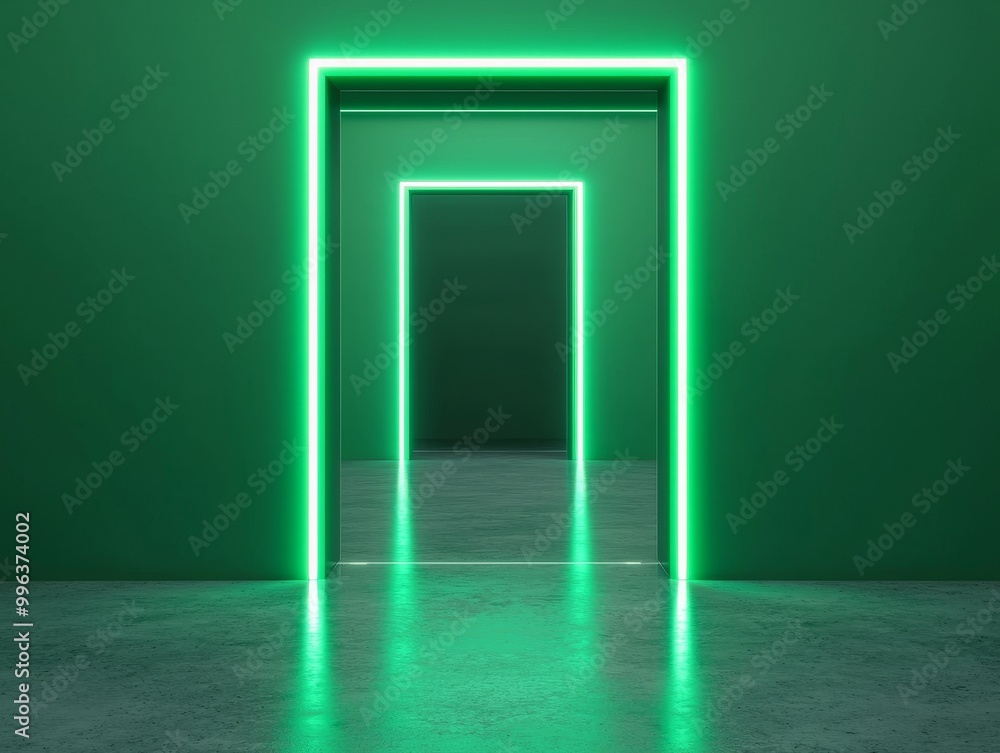 Modern green doors with neon lights in a minimalist environment. Modern green doors with neon lights in a minimalist environment.