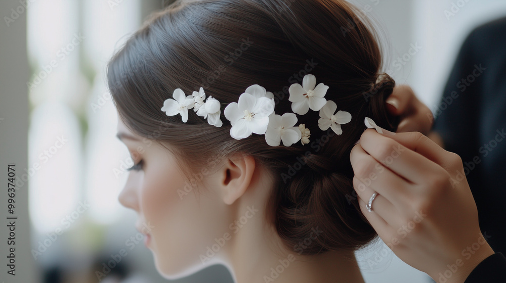 Obraz premium W eleganckim salonie fryzjerka tworzy olśniewającą fryzurę dla panny młodej, starannie wplatając białe kwiaty we włosy.