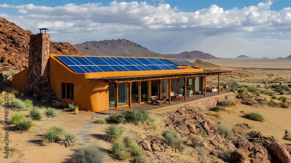 A modern, sustainable house with solar panels on the roof nestled in a desert landscape. A modern, sustainable house with solar panels on the roof nestled in a desert landscape.