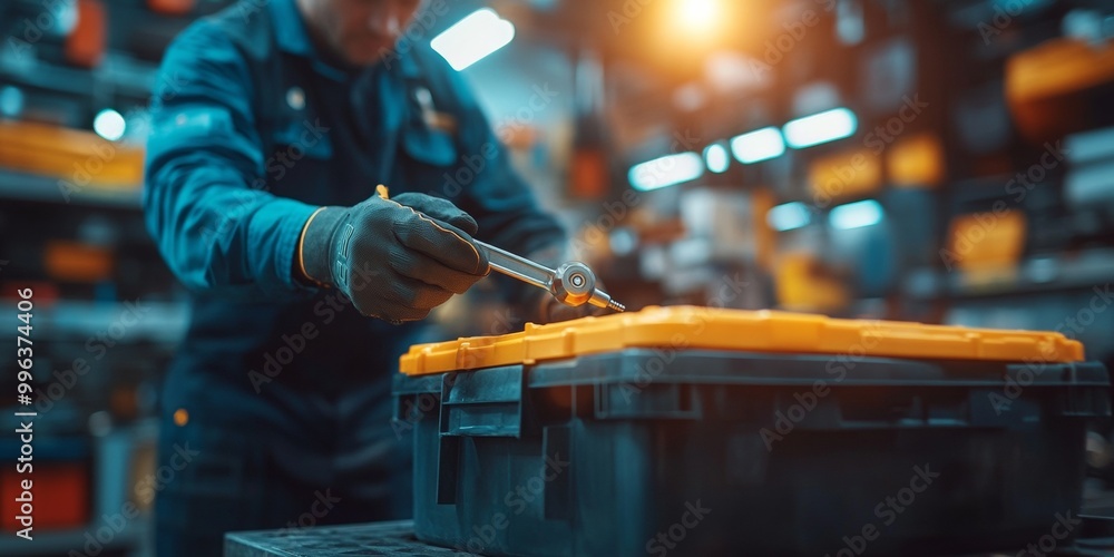 Auto mechanic at work, utilizing a torque wrench, illuminated by bright lights, with a blurred toolbox in the background, showcasing technical precision Auto mechanic at work, utilizing a torque wrench, illuminated by bright lights, with a blurred toolbox in the background, showcasing technical precision
