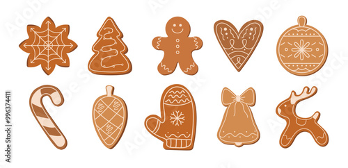 Set cartoon gingerbread cookies. Traditional Christmas cookies made from ginger dough. New Year stickers, vector set