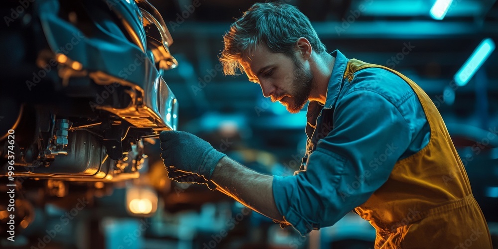 Obraz premium Auto Mechanic Repairing Exhaust System in Dimly Lit Workshop, Focused Atmosphere, Blurred Background Enhancing Intensity of Work