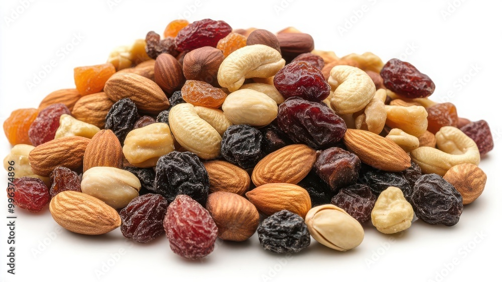 Handful of mixed nuts and dried fruits, portable brainboosting snack, healthy and convenient Handful of mixed nuts and dried fruits, portable brainboosting snack, healthy and convenient