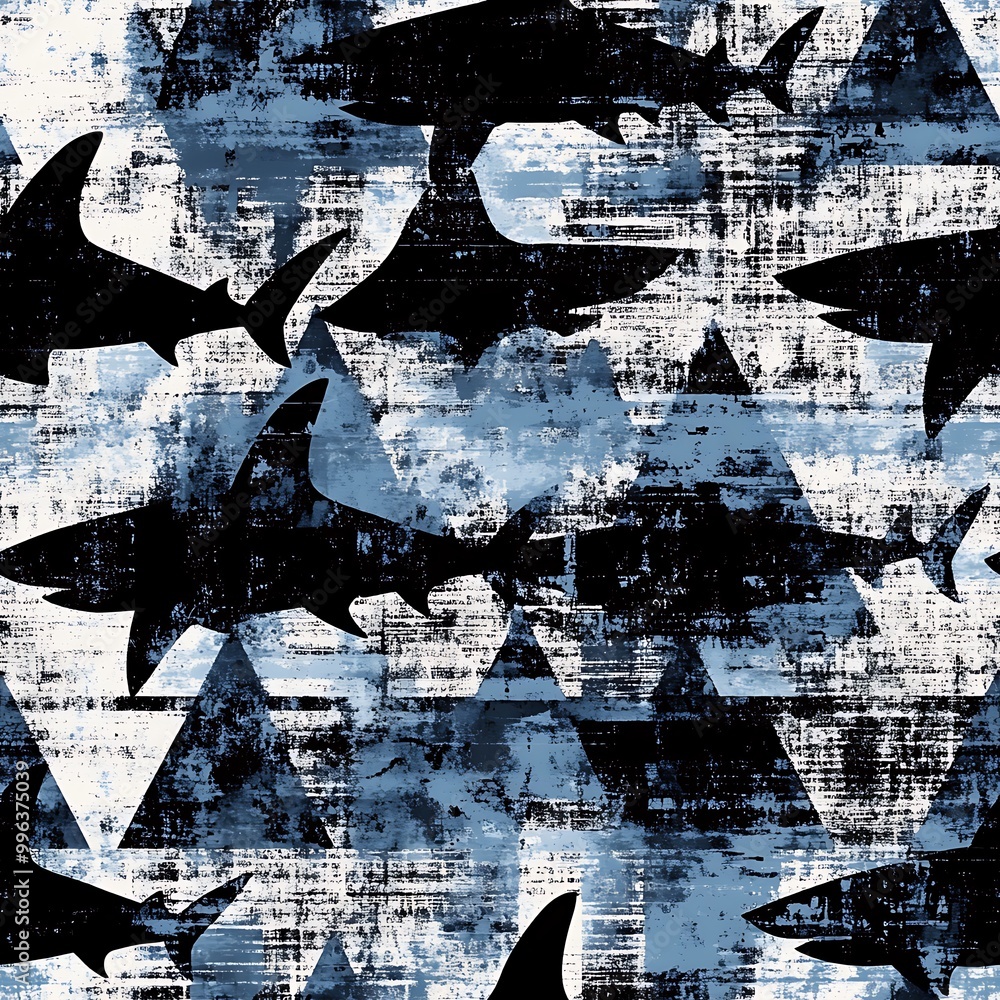 Fototapeta premium A grunge style seamless pattern featuring sharks