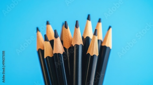 Black pencils arranged in a cone against a blue backdrop embodying minimalism creativity surrealism and an educational theme with ample copy space