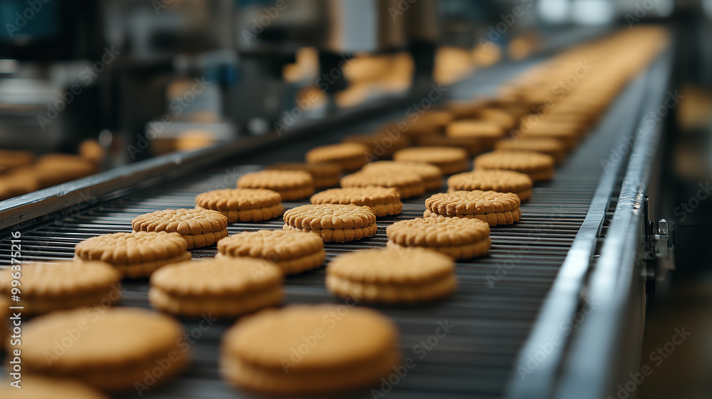Na taśmie produkcyjnej ciasteczka delikatnie toczą się po linii, równomiernie ułożone i starannie wypieczone. Na taśmie produkcyjnej ciasteczka delikatnie toczą się po linii, równomiernie ułożone i starannie wypieczone.