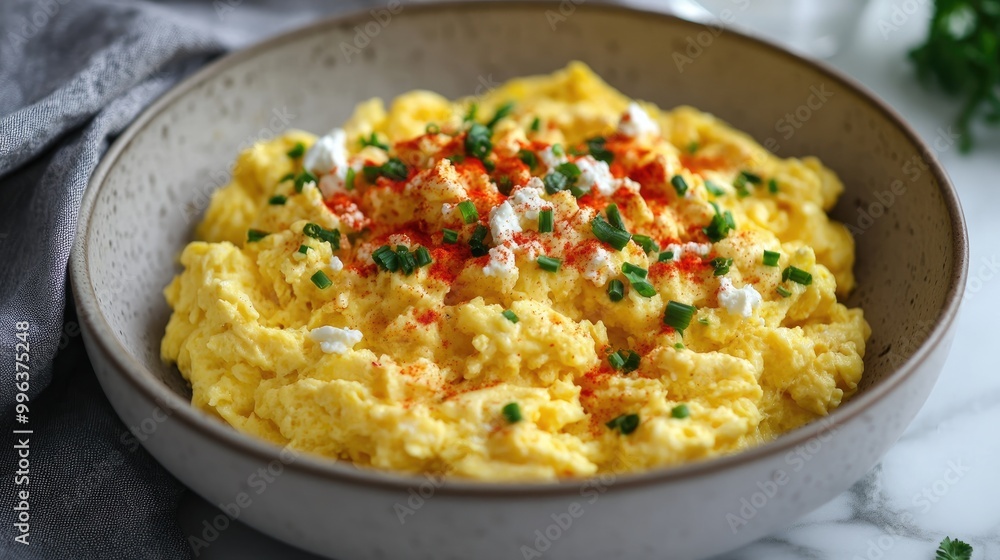 Saffron infused scrambled eggs topped with creamy goat cheese Saffron infused scrambled eggs topped with creamy goat cheese