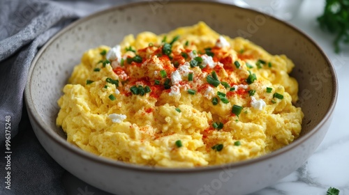 Saffron infused scrambled eggs topped with creamy goat cheese