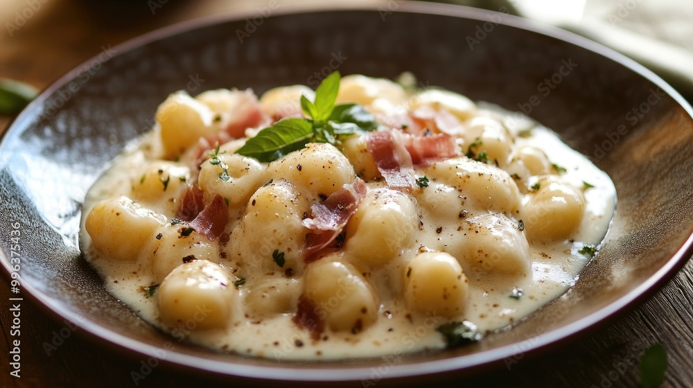 Gnocchi served with a creamy cheese sauce and prosciutto Gnocchi served with a creamy cheese sauce and prosciutto