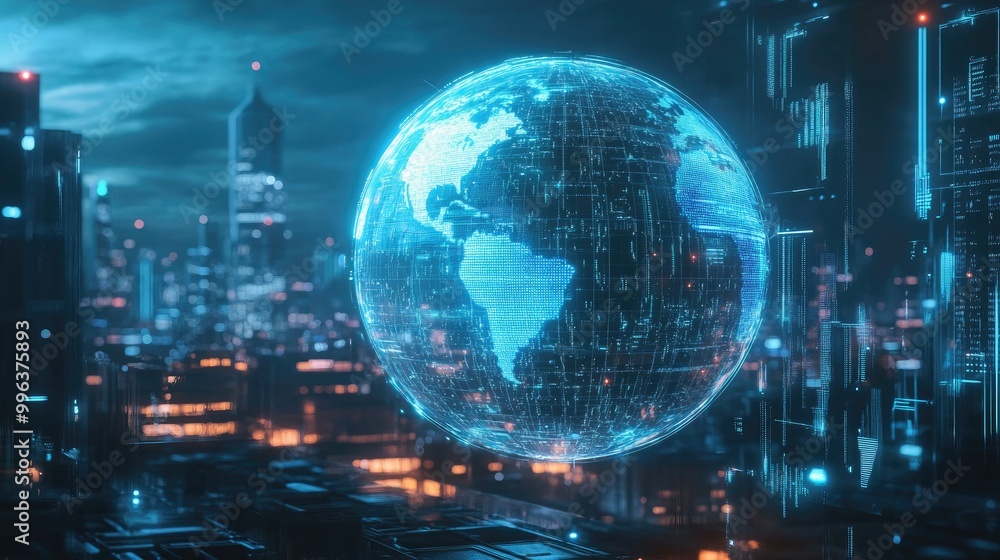 AI-generated holographic globe hovering above a futuristic city, representing global AI connectivity and advanced data networks. AI-generated holographic globe hovering above a futuristic city, representing global AI connectivity and advanced data networks.