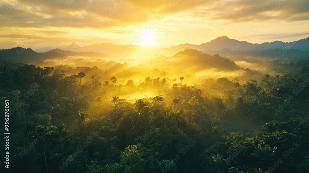 Stunning sunrise illuminating a lush tropical rainforest with distant mountains in the background Ideal for environmental campaigns nature projects eco tourism marketing and wall art Stunning sunrise illuminating a lush tropical rainforest with distant mountains in the background Ideal for environmental campaigns nature projects eco tourism marketing and wall art