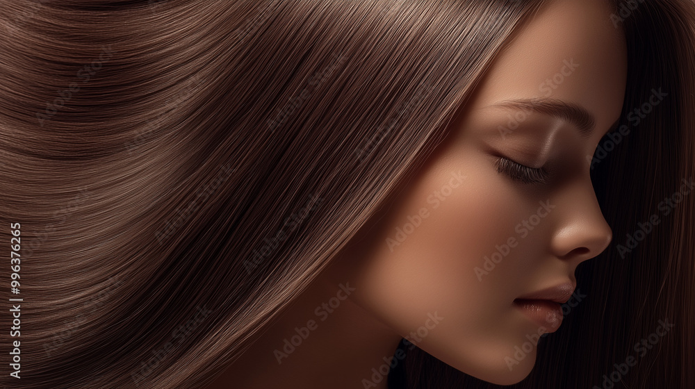 Obraz premium Młoda kobieta z długimi, lśniącymi brązowymi włosami jest przykładem harmonii między urodą a pielęgnacją. 