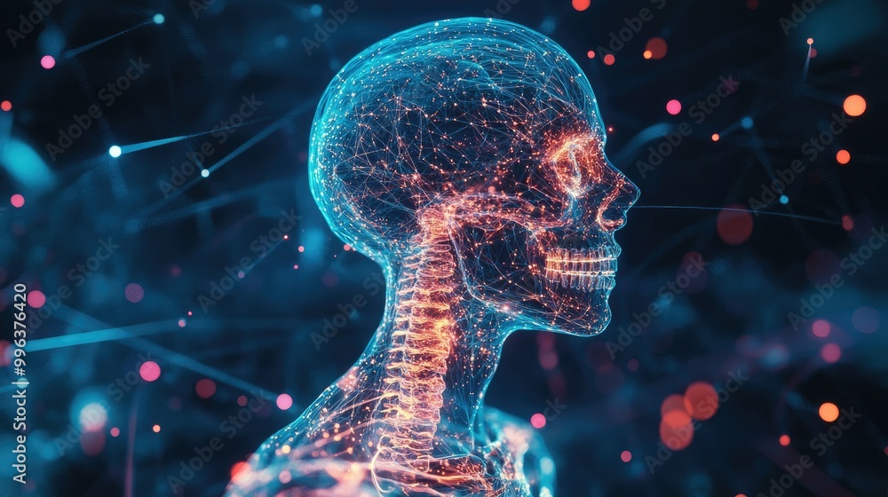 An AI-generated human skeleton made of data streams and glowing code, symbolizing the digitalization of biology in an artistic form. An AI-generated human skeleton made of data streams and glowing code, symbolizing the digitalization of biology in an artistic form.