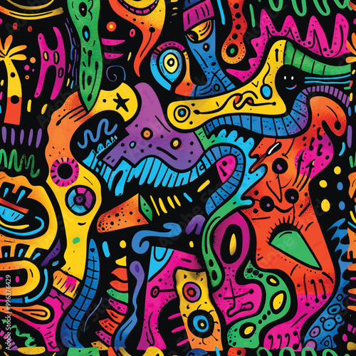 Fun seamless pattern with colorful doodles, flowing curved abstract shapes, doodle lines on black background. Vector bright doodles illustration. Endless texture. For fabric, print, cover, wallpaper.