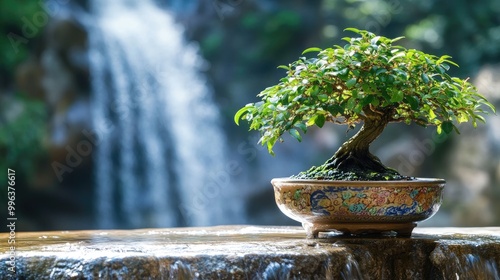 Tamarind Bonsai tree in an ornate ceramic pot, resting on a stone slab with a cascading waterfall in the background, enhancing the tranquil atmosphere. photo