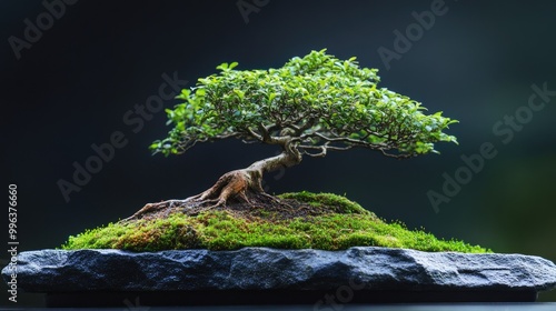 Tamarind Bonsai tree on a traditional Japanese stone platform, with vibrant moss growing around the base, creating a sense of balance and tranquility. photo