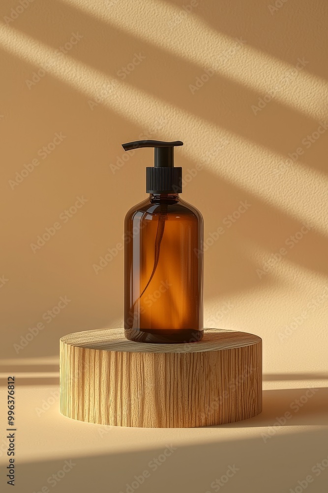 Backlit wooden podium with dark amber glass pump bottle Backlit wooden podium with dark amber glass pump bottle