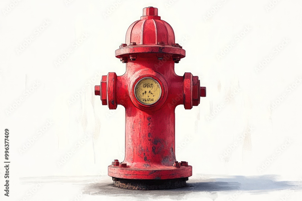 A red fire hydrant with a yellow cap, standing on a white background. A red fire hydrant with a yellow cap, standing on a white background.