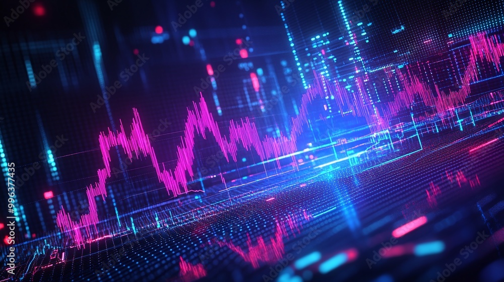 Obraz premium Abstract financial chart with vibrant pink and blue colors representing market trends and data analysis.