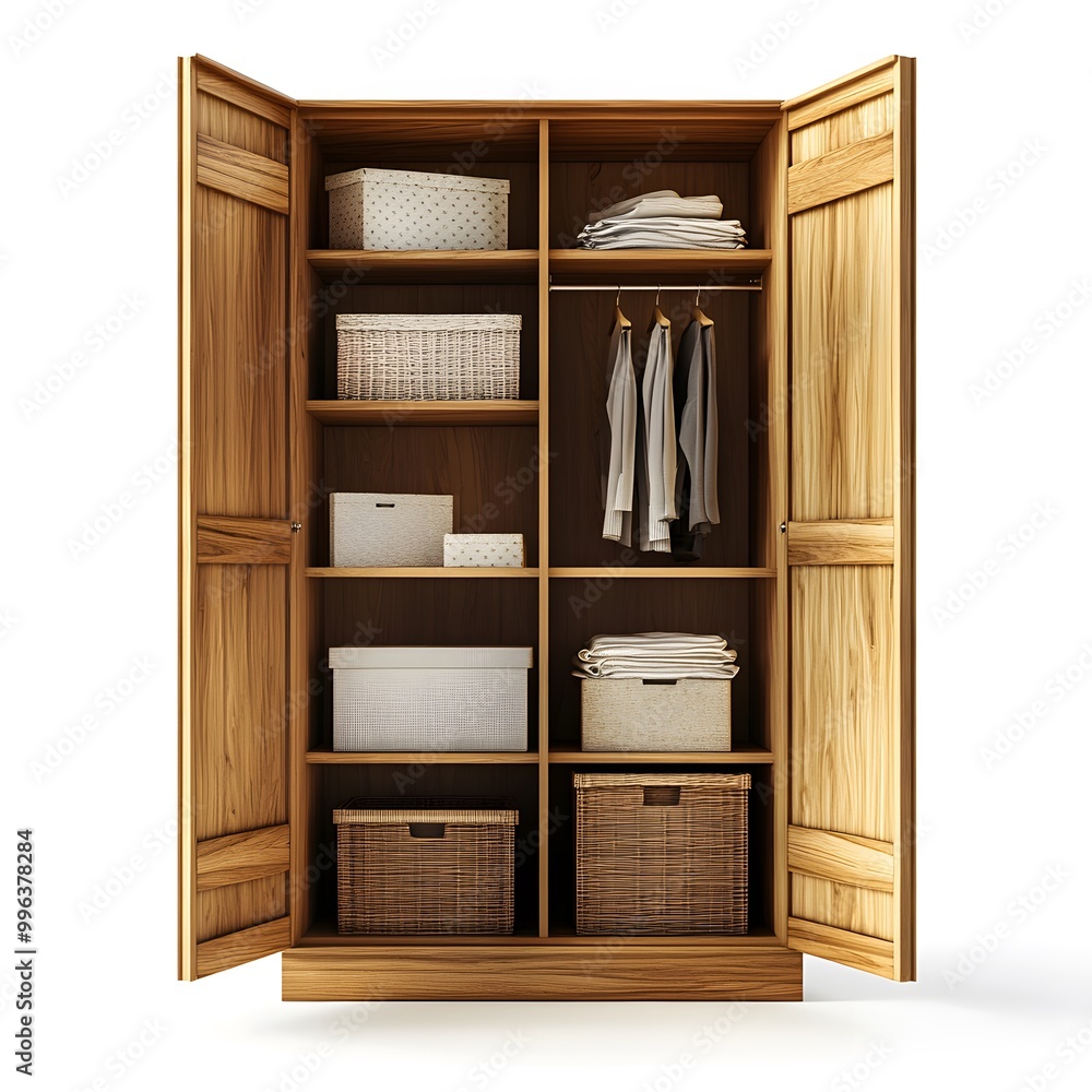Open Wooden Wardrobe with Shelves Clothes and Storage Baskets Open Wooden Wardrobe with Shelves Clothes and Storage Baskets