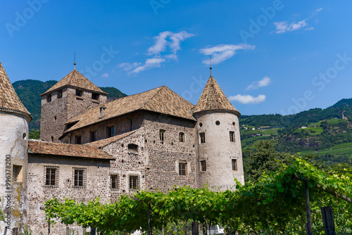 Scenic view of medieval castle named Maretsch Mareccio at Italian City of Bozen on a sunny summer day. Photo taken July 17th, 2024, Bolzano Bozen, Italy.