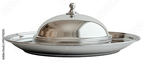 A silver plate with a silver dome on top. The plate is on a white background