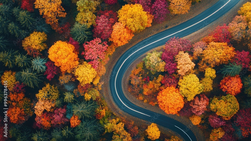 Aerial view of a road surrounded by autumn foliage Aerial view of a road surrounded by autumn foliage