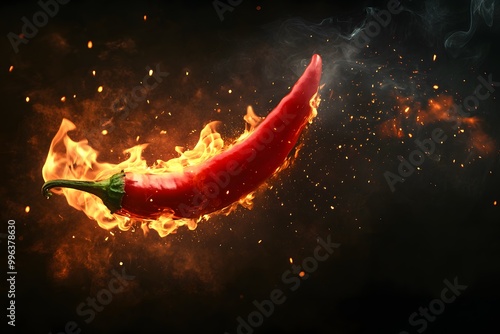 Flaming Red Chili Pepper on Black Background   Spicy Food Photography photo