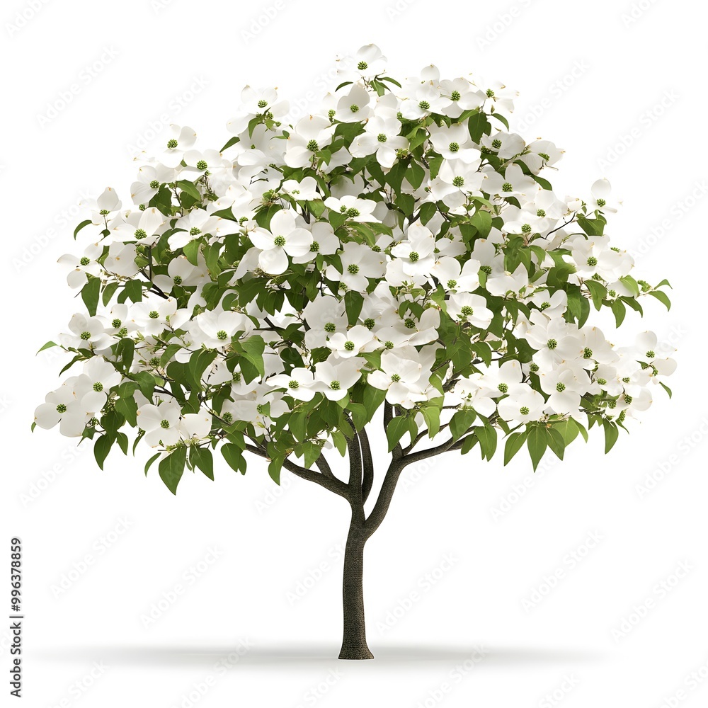 Fototapeta premium Blooming Dogwood Tree with White Flowers Isolated on White Background