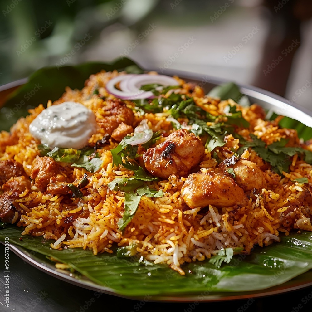 Savory Grilled Chicken Biryani with Fresh Herbs and Onions Served on Banana Leaf - Traditional Indian Cuisine Dish. Savory Grilled Chicken Biryani with Fresh Herbs and Onions Served on Banana Leaf - Traditional Indian Cuisine Dish.