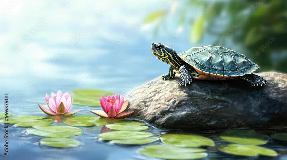 Obraz premium A baby turtle catching some sun on a rock, surrounded by lily pads and bright blue water under a clear sky.