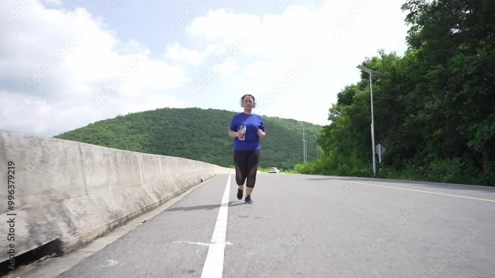 A middle-aged, overweight Asian woman wearing athletic wear and headphones, holding a water bottle, is jogging for exercise on a scenic road by a reservoir, aiming for better health and weight loss A middle-aged, overweight Asian woman wearing athletic wear and headphones, holding a water bottle, is jogging for exercise on a scenic road by a reservoir, aiming for better health and weight loss
