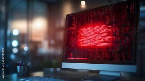 Computer screen showing red ransomware warning message in home office setting, highlighting cybersecurity threats and digital safety concerns