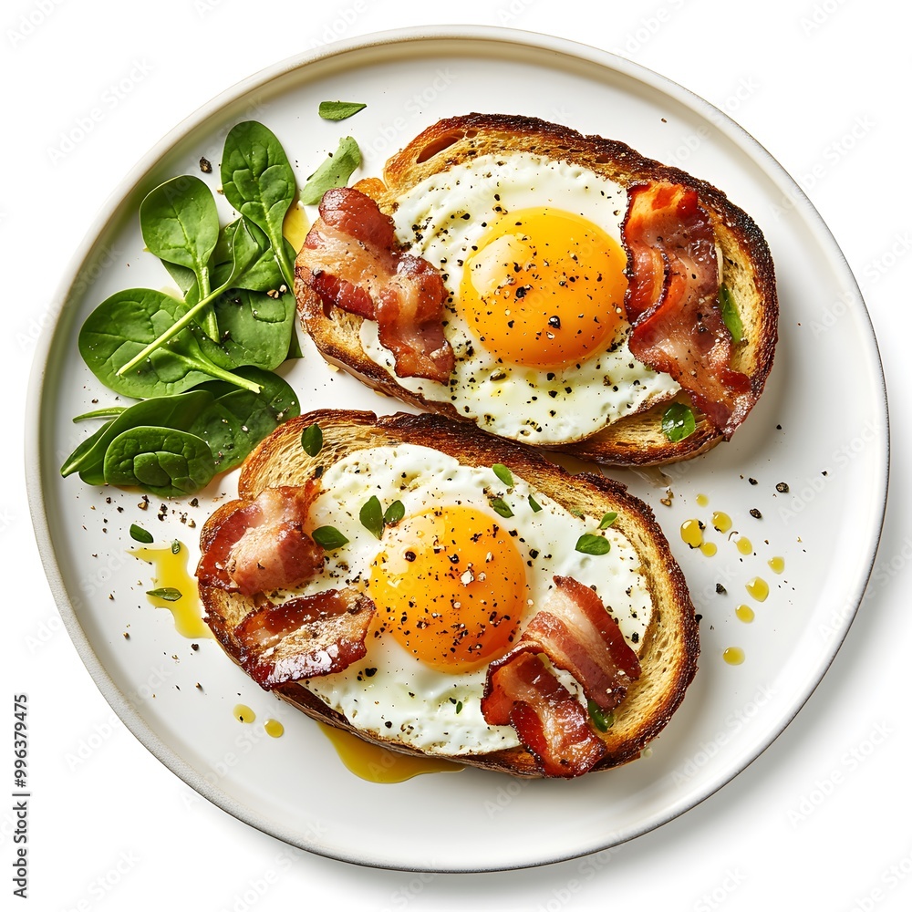 Delicious Fried Eggs with Crispy Bacon and Toast Breakfast Food Top View Delicious Fried Eggs with Crispy Bacon and Toast Breakfast Food Top View