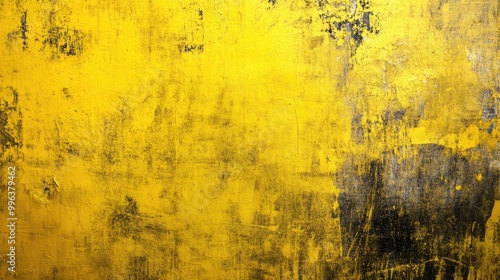 Scratched yellow grunge background featuring a textured surface with wear and imperfections photo