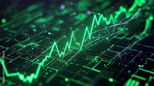 Abstract financial data visualization with green graph lines on a digital background.