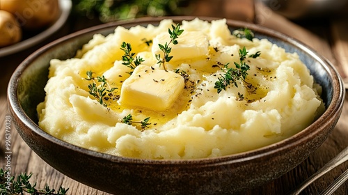 A bowl of creamy mashed potatoes topped with butter and herbs, ready to be served at a dinner table.