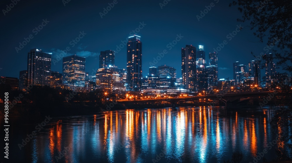 Naklejka premium A breathtaking night view of downtown skyscrapers illuminated against a deep blue sky, with sparkling city lights reflecting in the river below.