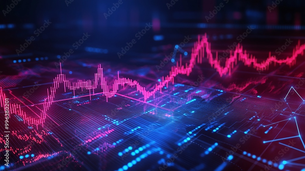 Abstract financial data visualization with vibrant pink and blue graphics showcasing market trends and fluctuations. Abstract financial data visualization with vibrant pink and blue graphics showcasing market trends and fluctuations.