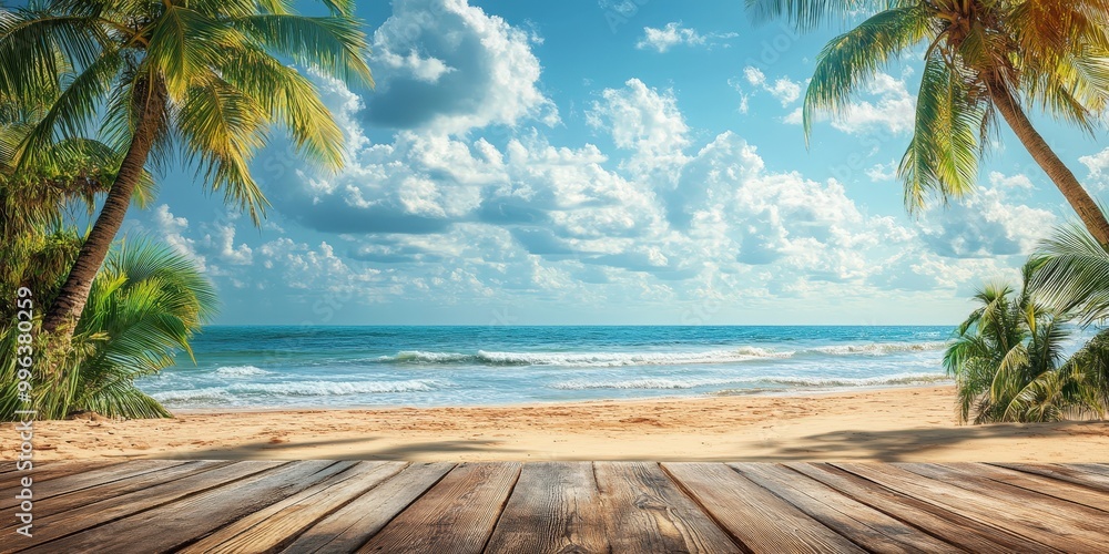 Obraz premium Relaxing Beach Scene with Palm Trees and Ocean View