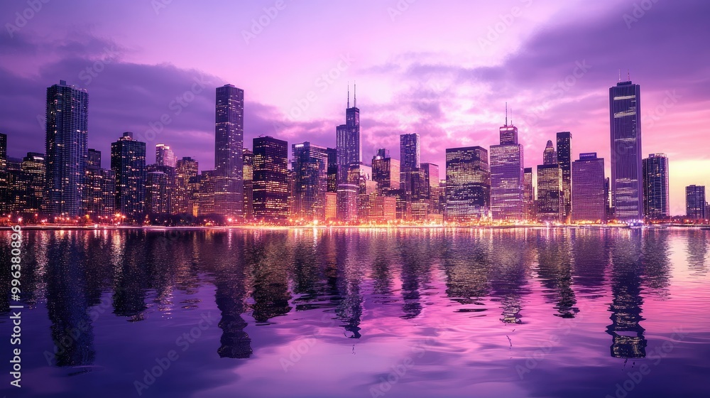 Fototapeta premium A city skyline at dusk, with purple hues reflecting off the skyscrapers and water below.