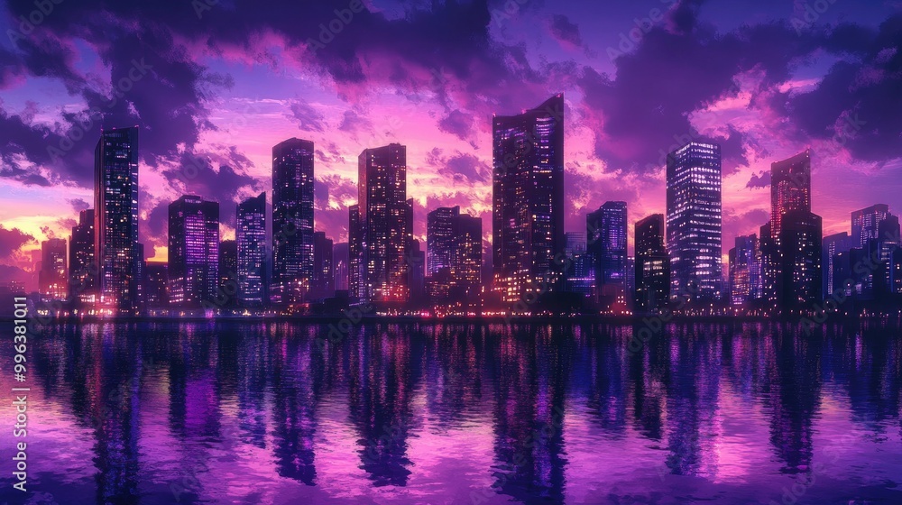 Fototapeta premium A city skyline at dusk, with purple hues reflecting off the skyscrapers and water below.