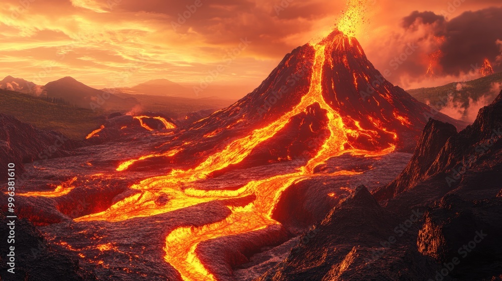 Fototapeta premium Volcanic eruption concept featuring lava flow and surrounding landscape