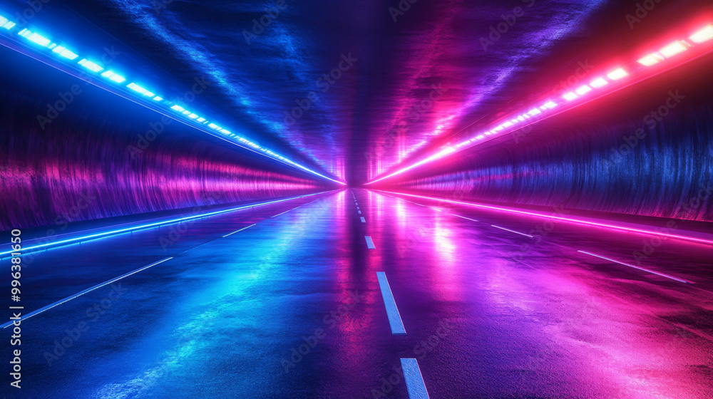 A tunnel lit with vibrant blue and pink neon lights.