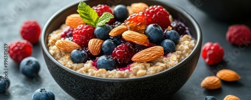 Bowl of oatmeal topped with almonds, berries, and honey, healthy brainboosting breakfast, comforting meal photo